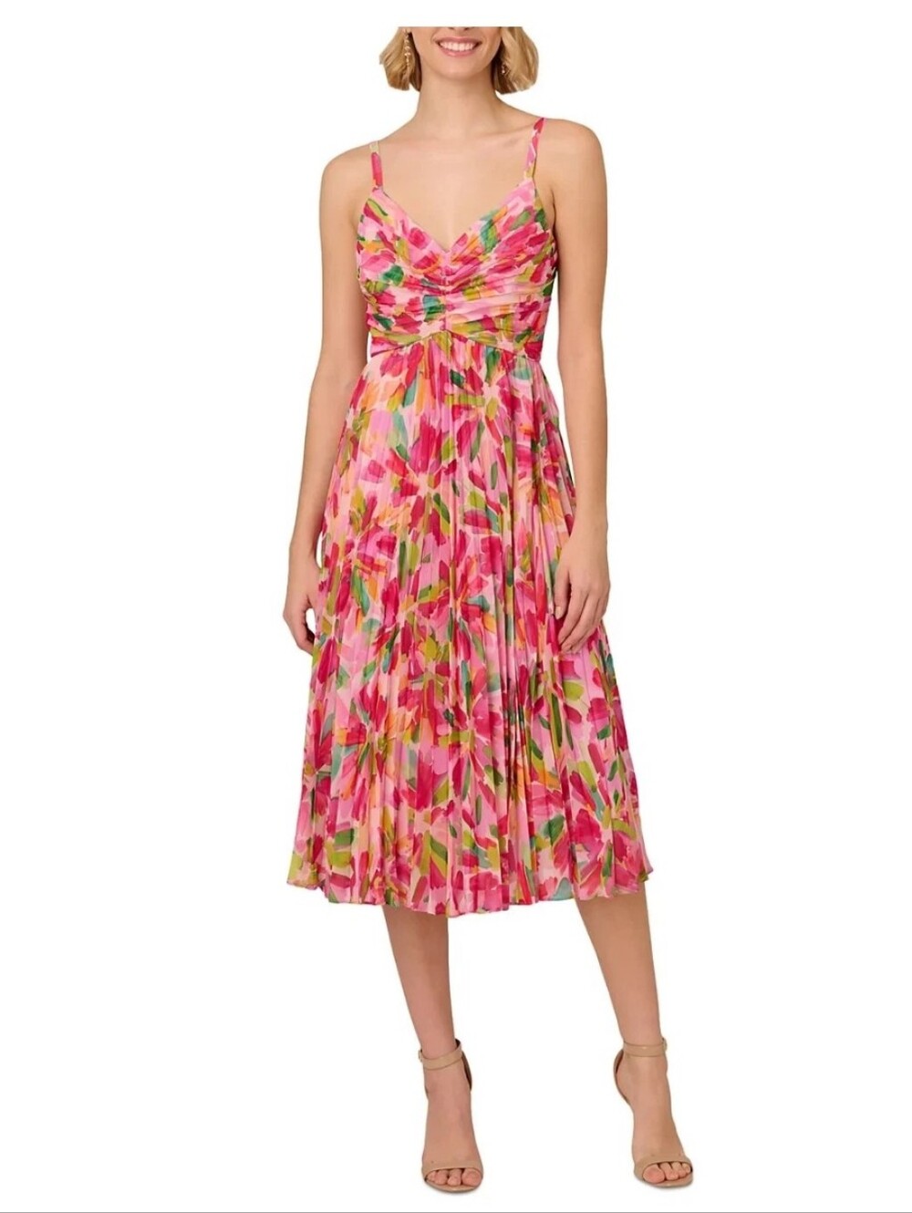 Adrianna Papell NWT Floral Chiffon Midi Dress Sz 2 Pink Pleated Sleeveless $189